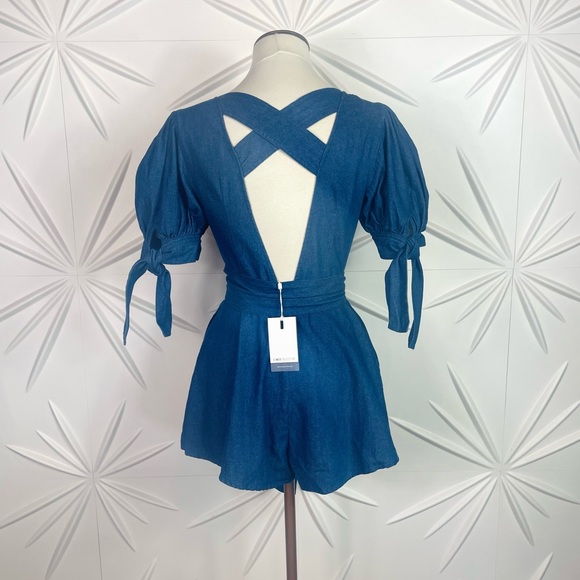 C/MEO Collective Kind to you Romper Puff Sleeve Cross Back Romper in Indigo - Picture 12 of 14